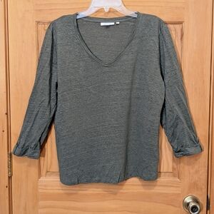 Chico’s Top 3 XL V-neck Army Green 100% Linen 3/4 Button Cuff Sleeves Casual